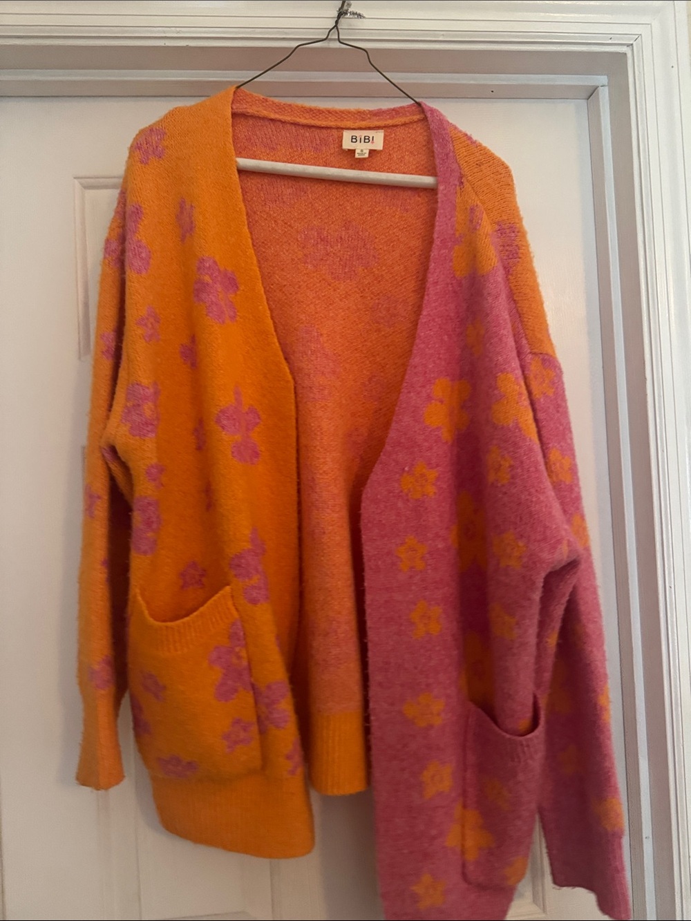 BiBi Orange and Pink Floral Patchwork Cardigan Sweater